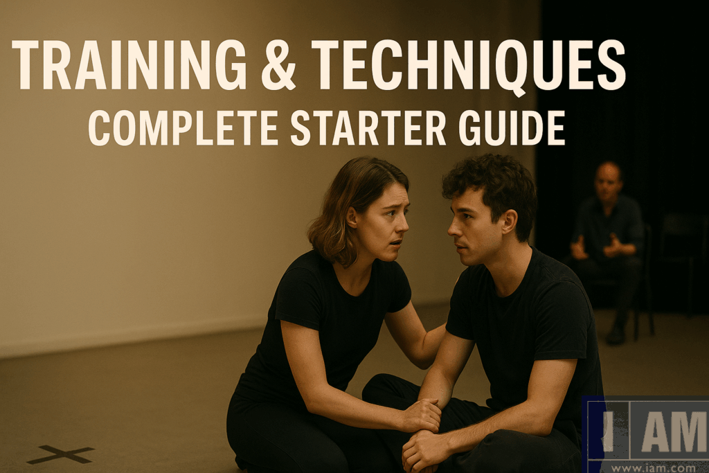 Actor practicing movement and voice drills in a black-box studio during training session.