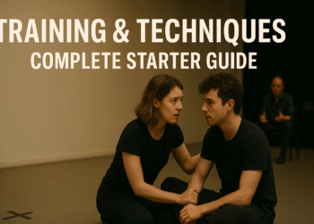 Actor practicing movement and voice drills in a black-box studio during training session.