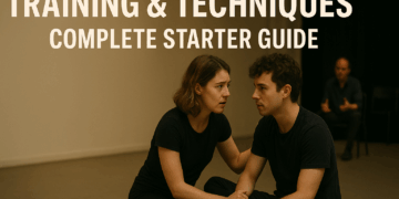 Actor practicing movement and voice drills in a black-box studio during training session.