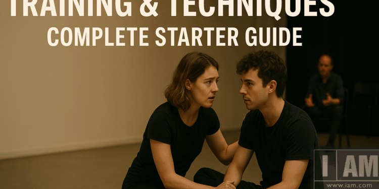 Actor practicing movement and voice drills in a black-box studio during training session.