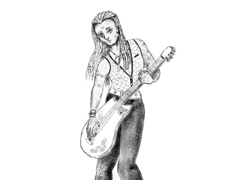 Graphite Drawing of Female Bass Guitarist